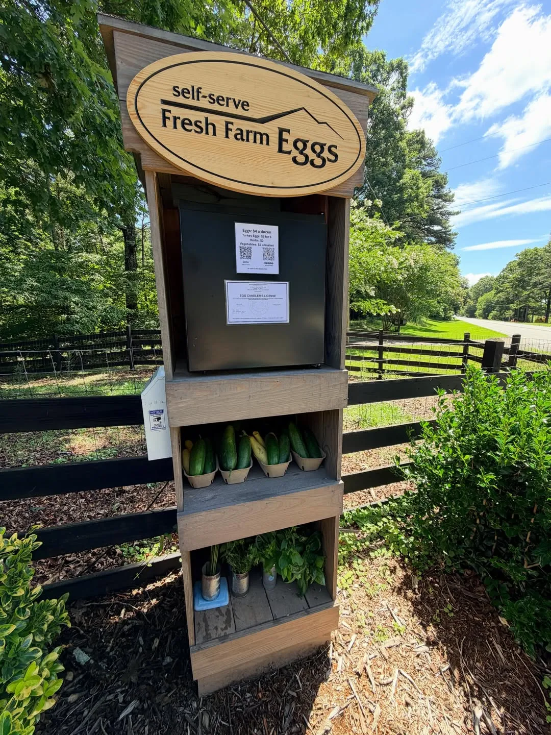 The Longview Farm self-serve stand, with fresh farm eggs, herbs and a basket of vegetables