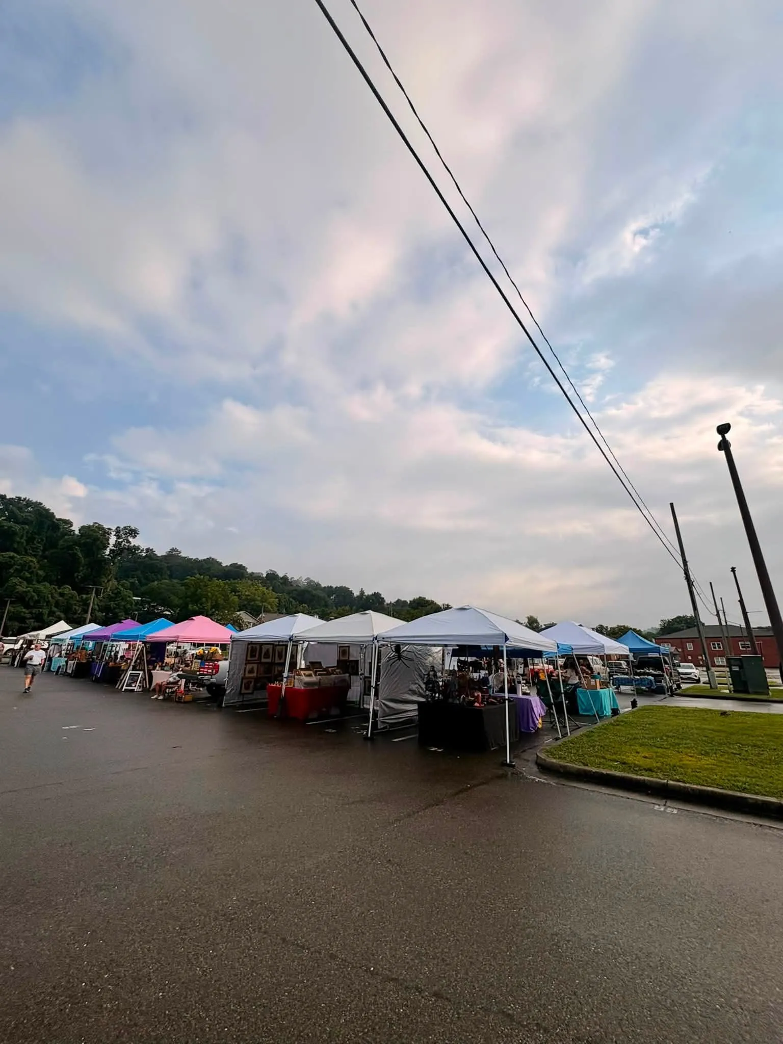 Vendor tents lined up at the Ellijay Farmers & Artisans Market in downtown Ellijay