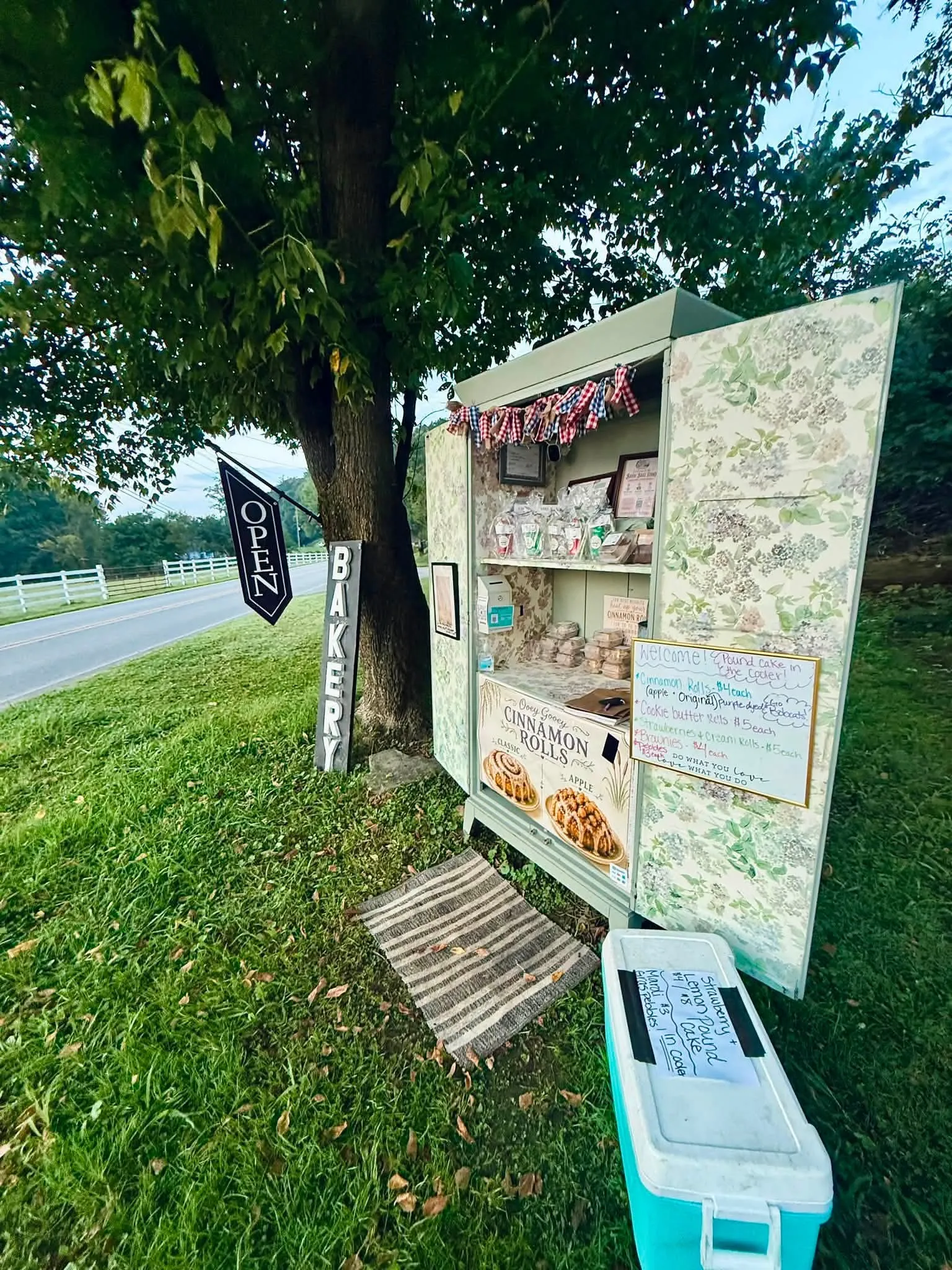 The Bubbly Bayou roadside stand, a decorated cabinet stocked with cinnamon rolls and other baked goods